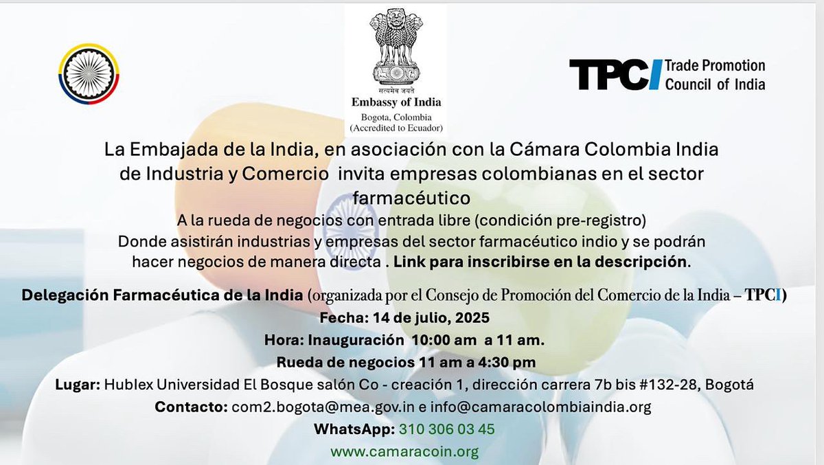 CamaraCoIn's tweet photo. Rueda de negocios farmacéutica con presencia de empresas India Universidad el bosque 14 de julio entra libre ( pre-inscripción ) 👇🏻

https://t.co/tnI6DshnPu https://t.co/JynFimWvTD