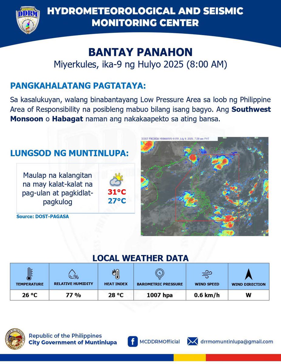 OFFICIALMUNTI's tweet photo. BANTAY PANAHON | JULY 9, 2025
via @MCDDRMOfficial
#iRespond #AlertoMuntinlupeรฑo
#MuntinlupaNakakaproud #ResiliencePH
#AlamMoBa #DapatAlamMo https://t.co/bxxh46BEnz