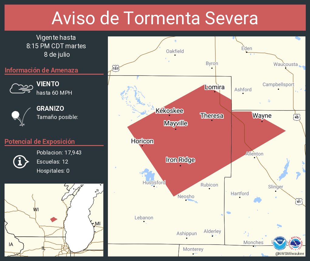 Aviso de Tormenta Severa incluye Mayville WI, Horicon WI, Lomira WI hasta las 8:15 PM CDT