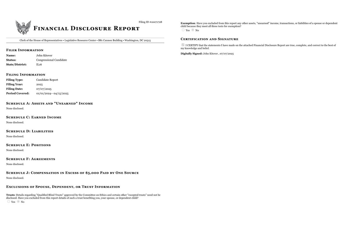NEW HOUSE CAND FINANCIAL DISCLOSURE
CANDIDATE REPORT
John Kitover
#IL16
disclosures-clerk.house.gov/public_disc/fi…