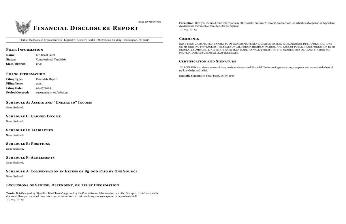 NEW HOUSE CAND FINANCIAL DISCLOSURE
CANDIDATE REPORT
Shaaf Patel
#CA41
disclosures-clerk.house.gov/public_disc/fi…