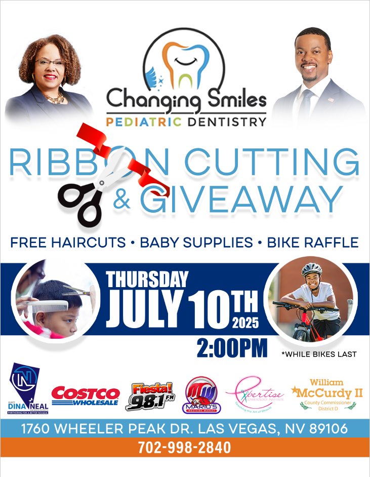 CommishMcCurdy's tweet image. Join us this Thursday🎉 Join us for the Ribbon Cutting & Giveaway at Changing Smiles Pediatric Dentistry!
📅 Thursday, July 10, 2025
🕑 2:00 PM
📍1760 Wheeler Peak Dr, Las Vegas, NV 89106
🎁 Free haircuts, baby supplies & a bike raffle (while supplies last!)