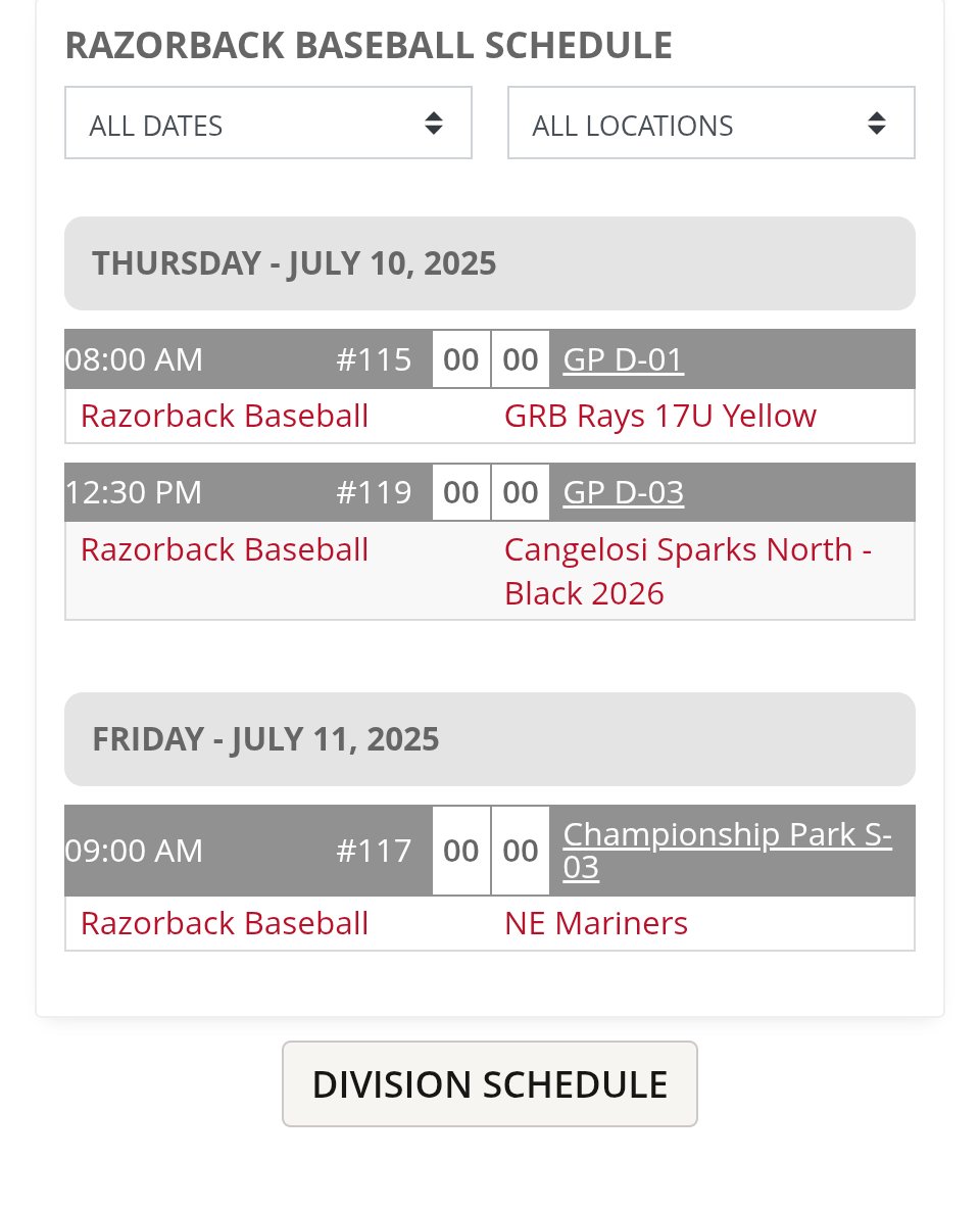 Here is our schedule for this week's <a href="/Bullpenevents/">Bullpen Tournaments</a> 17U ABC Invite Tournament.

7/10 - 8am at Grand Park (D1)
7/10 - 12:30 at Grand Park (D3)
7/11 - 9am at Championship Park (S3)