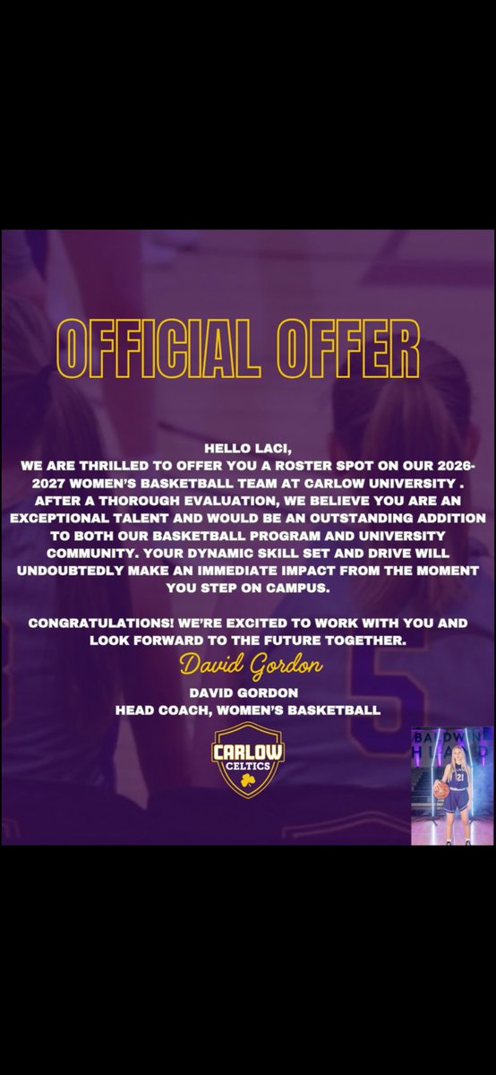 After a great conversation with <a href="/CoachDaveGordon/">Coach Dave Gordon</a> I am excited that I have received an offer from <a href="/CarlowCelticWBB/">CarlowCelticsWBB</a> to continue my academic and basketball career at Carlow University!
<a href="/SlaamFran26/">SLAAM 26 Franciscus</a> <a href="/SLAAMBASKETBALL/">slaambasketball</a>