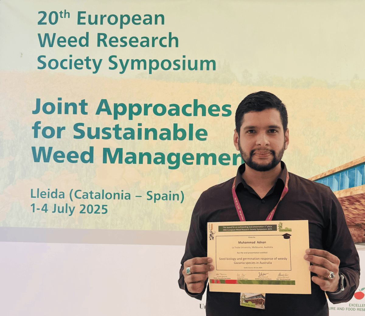 SABE_latrobe's tweet image. 1/3 Big congratulations to PhD researcher Muhammad Adnan from Dr Ali Bajwa’s Weed Science Lab (EPAS, LISAF), who won 1st place for Outstanding Oral Presentation at the 20th European Weed Research Society Symposium @EWRS_News in Lleida, Spain!
@LIMSLTU
@latrobe
@LTUresearchers