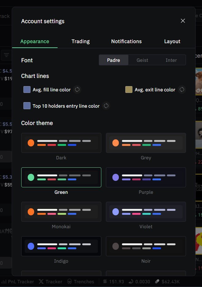 VondoAzim's tweet photo. @OnlyTerp @tradingterminal Okay, Padre didn’t have to go this hard on design. Multiple themes, smooth transitions, layout customization makes it feel like MY setup, not just a bot everyone uses.
sol :
ELmaHG9Lb9AMPATK7HtBnMYTarpErHjNbkZ9yLoLAgQK
@hiku

 thanks a lot goat for alaways giving back to us https://t.co/eclcVjr8fY