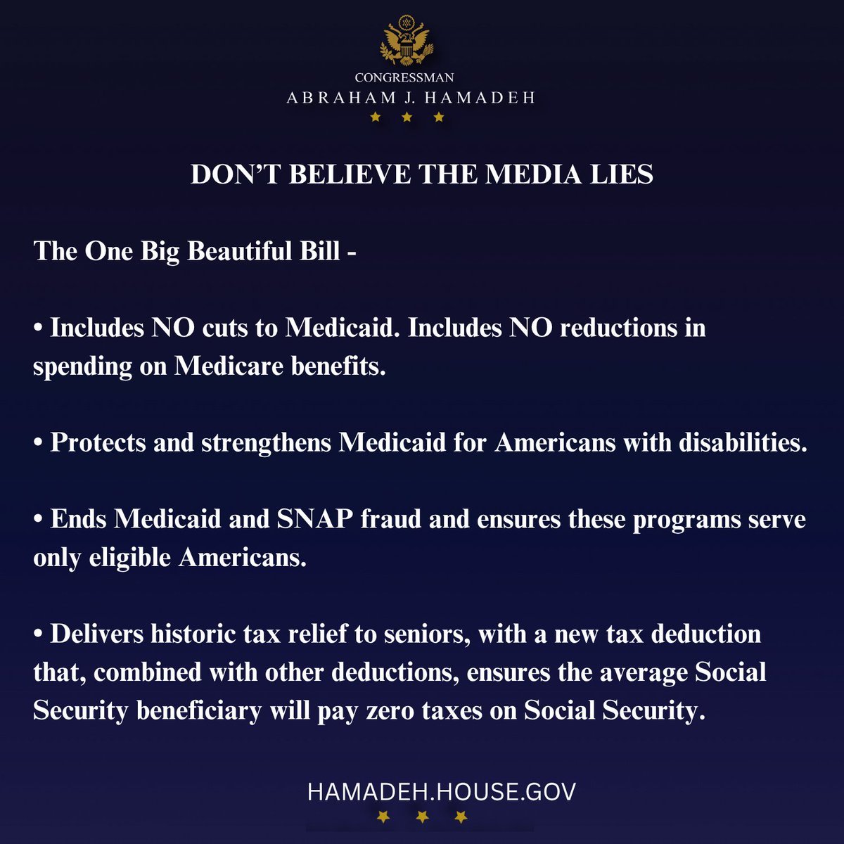 The media and the left are fear-mongering by conflating Medicare and Medicaid.

Don't believe their lies.

The One Big Beautiful Bill includes NO cuts to Medicaid and NO reduction in spending on Medicare benefits.