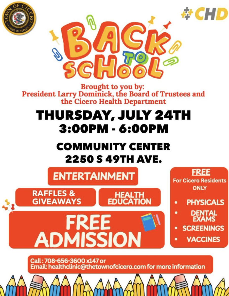 🎒 Back to School Event!

📅 Thurs, July 24 | ⏰ 3–6 PM
📍 Cicero Community Center (2250 S. 49th Ave)

✅ FREE physicals, dental exams, screenings &amp; vaccines
🎉 Raffles, giveaways &amp; more!

#CiceroIL #BackToSchool #HealthFair #FamilyEventCicero #WeareCicero #SomosCicero