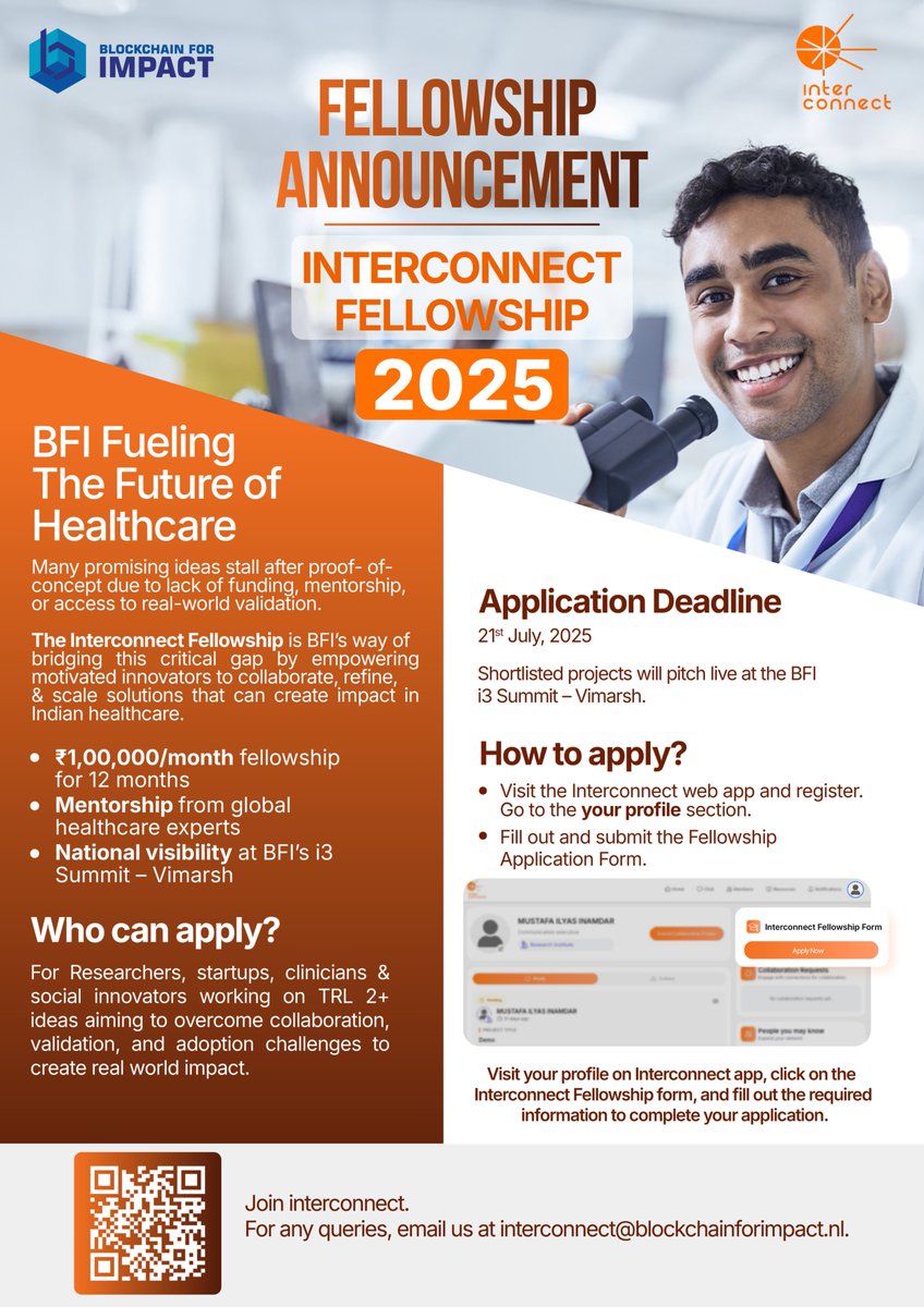 Fellowship Opportunity for Healthcare Innovators.

Applications are now open for the Interconnect Fellowship by Blockchain for Impact (BFI), supporting TRL 2+ biomedical ideas with funding, mentorship, and national visibility.

Deadline: July 21, 2025

Apply now via the
