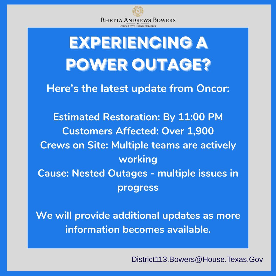 BowersForTexas's tweet image. Experiencing a power outage? I am also affected, as per Oncor's most recent update. Kindly refer to the restoration timeline below and look for further updates as additional information becomes available.#HD113