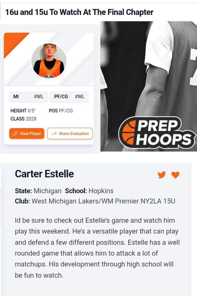 Carter Estelle (@carterestelle_) on Twitter photo Thank you <a href="/HankampScott/">Scott Hankamp</a> for the mention on Prep Hoops: 16U and 15U to Watch at the Final Chapter. Looking forward to having some fun playing in Chicago with WM Premier!
<a href="/PrepHoops/">Prep Hoops π</a> <a href="/wmlakersbball/">West Michigan Lakers</a> <a href="/NOBLESTRONG_LLC/">Noble Strong</a> <a href="/Uorangemen2/">Coach Davis Sr, 25yrs plus experience</a> <a href="/Strongbball/">John Strong</a> <a href="/KevinMoses38/">Kevin Moses LLC</a> Thank you <a href="/HankampScott/">Scott Hankamp</a> for the mention on Prep Hoops: 16U and 15U to Watch at the Final Chapter. Looking forward to having some fun playing in Chicago with WM Premier!
<a href="/PrepHoops/">Prep Hoops π</a> <a href="/wmlakersbball/">West Michigan Lakers</a> <a href="/NOBLESTRONG_LLC/">Noble Strong</a> <a href="/Uorangemen2/">Coach Davis Sr, 25yrs plus experience</a> <a href="/Strongbball/">John Strong</a> <a href="/KevinMoses38/">Kevin Moses LLC</a>