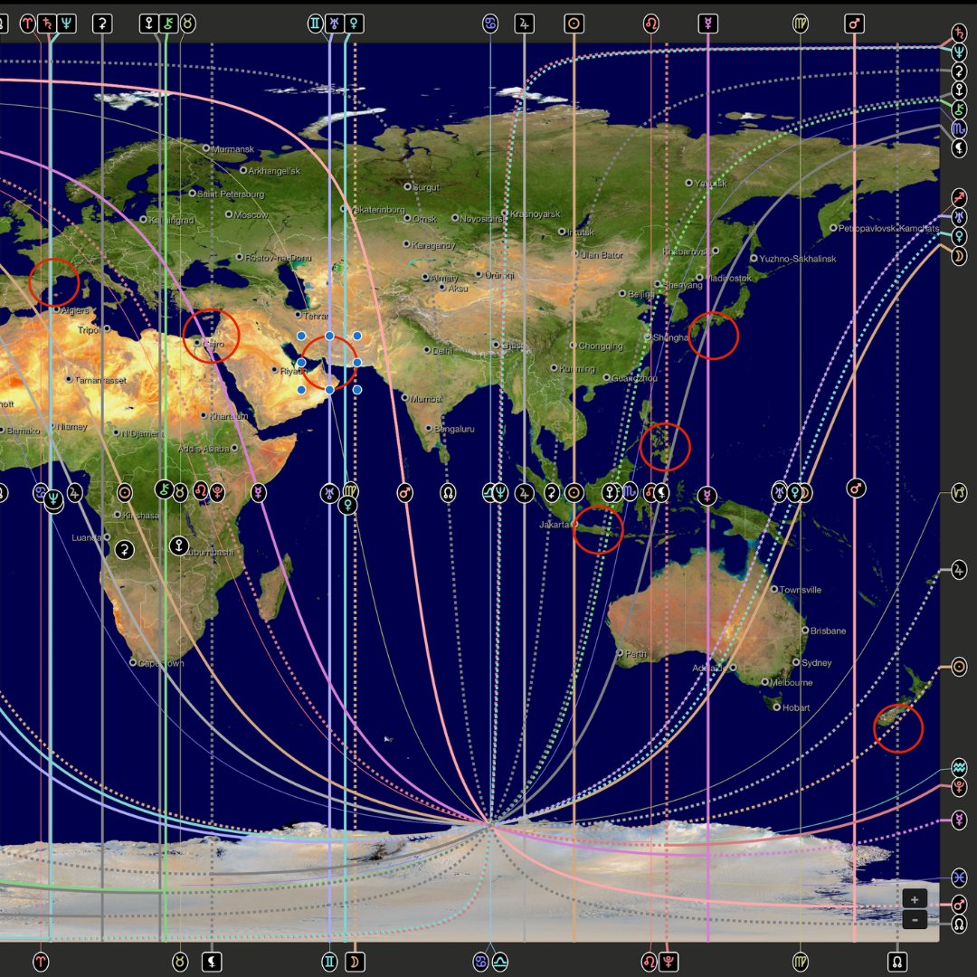 CosmicIntAgency's tweet image. Uranus Ingress Gemini - Geodetic Map.

As I watch this video by geophysicist Stefan Burns ,  I&apos;m circling planet placements around the globe on the Geodetic Map - Fixed Zodiac Map.

&quot;Extreme weather events and significant Earth events have been occurring over the past few days,…