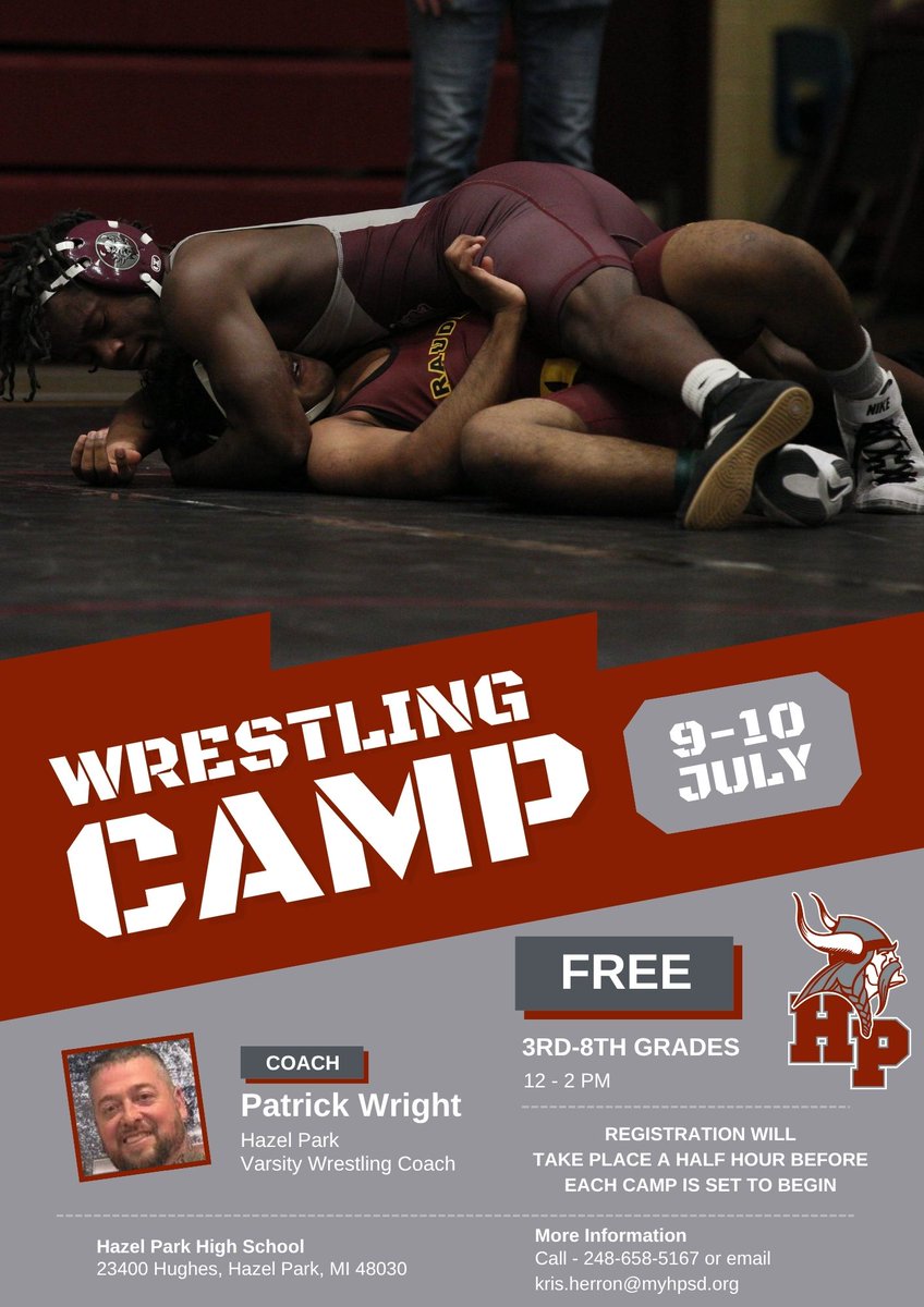 Just a friendly reminder, our two-day Youth Wrestling Camp at Hazel Park High School begins tomorrow, July 9, 2025, from 12 to 2 pm for all 3rd-8th graders. We encourage anyone interested in wrestling to come and learn from our coaches and wrestlers. And the camp is FREE.