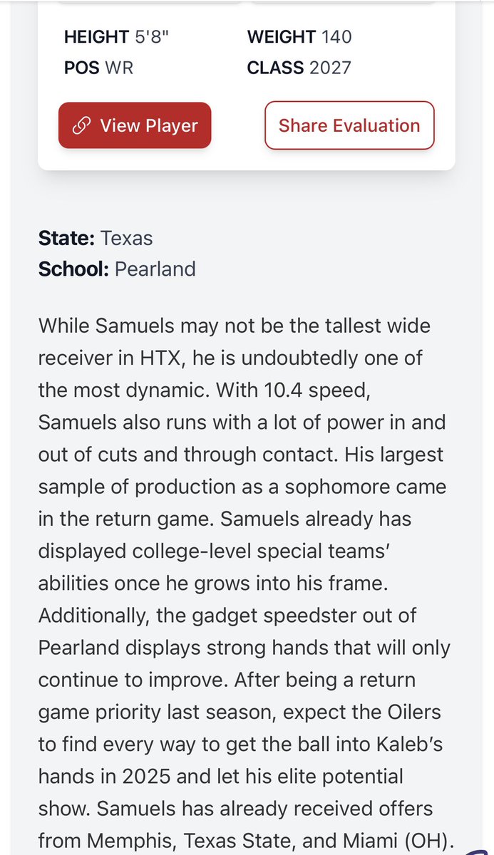 Kaleb Samuels (@10reasons2ball) on Twitter photo Thank you <a href="/PrepRedzoneTX/">Prep Redzone Texas</a> for the recognition. Looking forward to a great Junior Season 🤝🏾💯
<a href="/CoachGotte/">Coach Gotte</a>
<a href="/CoachMay13/">Coach Scott May</a>
<a href="/CoachPaiz_PHS/">Rudy Paiz</a>
<a href="/OilerRecruiting/">Pearland Oilers Football Recruiting</a>
<a href="/CoachLuHeff/">The Strength Coach</a>
<a href="/EarlGill10/">Earl Gill</a>
<a href="/JGonzalesJr10/">Julio Gonzales Jr.</a>
<a href="/ACruse15/">Andy Cruse</a>
<a href="/Coach_B_Jones_/">Brandon Jones</a>
<a href="/CoachJjLaster/">Jay Jay Laster</a> Thank you <a href="/PrepRedzoneTX/">Prep Redzone Texas</a> for the recognition. Looking forward to a great Junior Season 🤝🏾💯
<a href="/CoachGotte/">Coach Gotte</a>
<a href="/CoachMay13/">Coach Scott May</a>
<a href="/CoachPaiz_PHS/">Rudy Paiz</a>
<a href="/OilerRecruiting/">Pearland Oilers Football Recruiting</a>
<a href="/CoachLuHeff/">The Strength Coach</a>
<a href="/EarlGill10/">Earl Gill</a>
<a href="/JGonzalesJr10/">Julio Gonzales Jr.</a>
<a href="/ACruse15/">Andy Cruse</a>
<a href="/Coach_B_Jones_/">Brandon Jones</a>
<a href="/CoachJjLaster/">Jay Jay Laster</a>