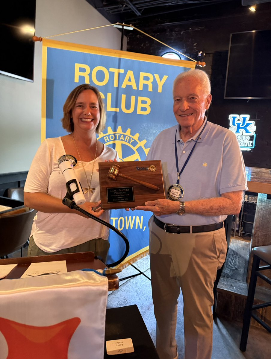 KyRotary's tweet image. The Gavel Awarded to new 2025-2026 Georgetown Rotary Club President Larry Prather by past President Heather Schroeder