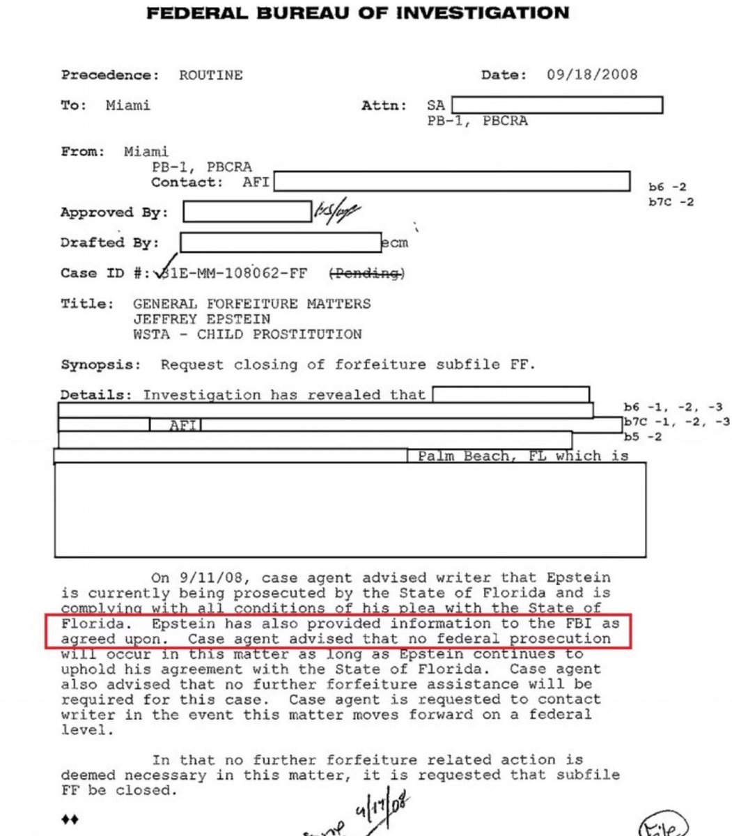 Wow! “FBI was investigating  36 young girls Epstein raped and trafficked UNTIL Epstein agreed to rat out Wall St hedge fund execs for laundering money. Then Feds agreed to bury the federal charges. Here, FBI admits Epstein is their informant.  Now you understand why they are