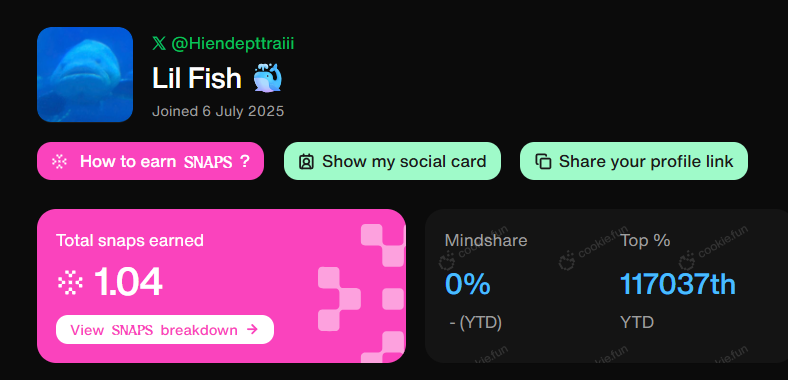 Lil Fish 🐳 (@hiendepttraiii) on Twitter photo Gm Fammm👋
Just 2 days on <a href="/cookiedotfun/">Cookie DAO 🍪</a> and I already got my first Snap point!
You can check my profile to see how i did it
Pick the right campaign and let it cook! 🐳🐳 Gm Fammm👋
Just 2 days on <a href="/cookiedotfun/">Cookie DAO 🍪</a> and I already got my first Snap point!
You can check my profile to see how i did it
Pick the right campaign and let it cook! 🐳🐳