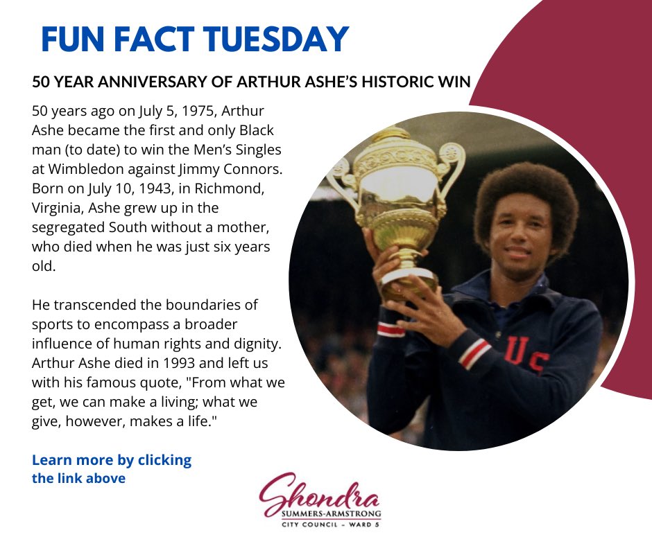 Wimbledon is in full swing, and as a longtime fan, I’m loving it! 50 years ago, Arthur Ashe made history as the first Black man to win Wimbledon. He was more than a champion on the court—he was a hero off it too. Learn more about his incredible legacy -
mailchi.mp/shondraarmstro…