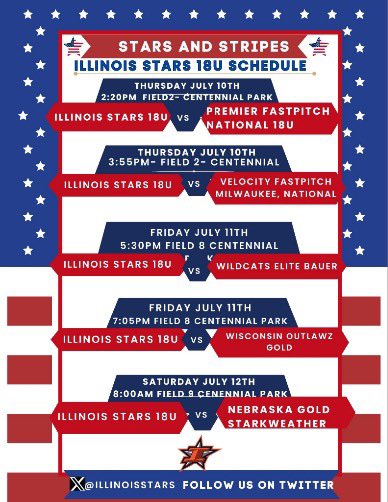 Sophia Ptak #44 (@ptaksophia2026) on Twitter photo ⭐️⭐️Staying close to home this weekend! ⭐️⭐️⭐️
🇺🇸LP4U Stars & Stripes🇺🇸
Orland Park, IL
<a href="/CoachBrendaVolk/">Brenda Volk</a> <a href="/UWWSoftball/">Warhawk Softball</a> <a href="/IllinoisStars/">Illinois Stars 18u</a> ⭐️⭐️Staying close to home this weekend! ⭐️⭐️⭐️
🇺🇸LP4U Stars & Stripes🇺🇸
Orland Park, IL
<a href="/CoachBrendaVolk/">Brenda Volk</a> <a href="/UWWSoftball/">Warhawk Softball</a> <a href="/IllinoisStars/">Illinois Stars 18u</a>