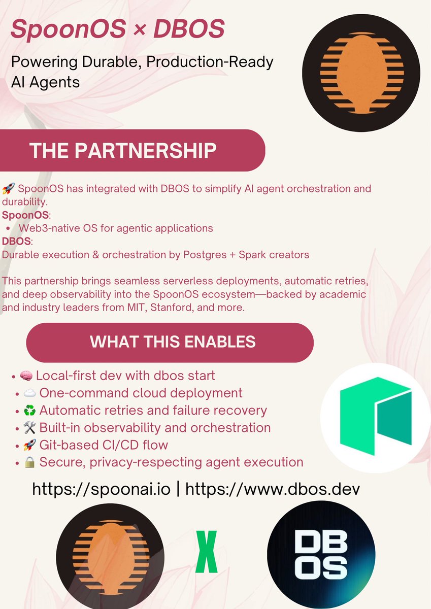 comr_spidra's tweet image. Greetings, everyone!

@SpoonOS_ai × @DBOS_Inc is live.

This integration brings powerful orchestration, durability, and observability to AI agent workflows—natively on SpoonOS.

#SpoonOS #DBOS #AI #Neo #Web3 #Crypto $NEO $GAS
@Neo_Blockchain