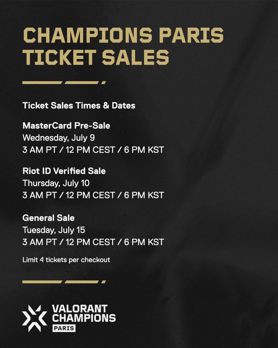 Set your alarms, Champions Paris tickets go on sale TOMORROW.

All Ticket Links ➡️ linktr.ee/valorantesports