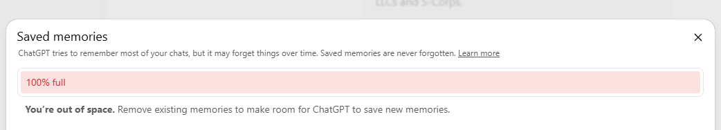 jspeiser's tweet image. looks like I hit the limit on my chat gpt pro account
how do I pay/get more space? I don't want to delete memories.