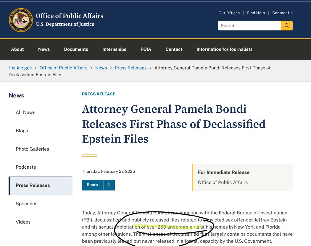 _TeddyBrosevelt's tweet image. February 27, 2025:
US Department of Justice press release from the same day the Trump administration giving a bunch of paid influencers those Epstein nothingburger binders at the White House
"Attorney General Pamela Bondi, in conjunction with the FBI, declassified and publicly…