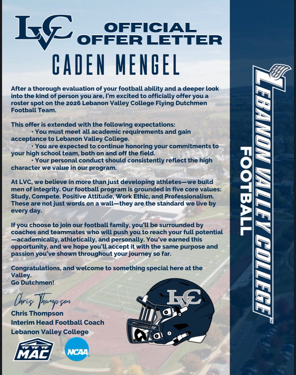 Caden Mengel (@caden_mengel) on Twitter photo Excited to announce my first opportunity to play college football at <a href="/LVCFootball/">LVC Football</a> !! Thank you <a href="/CoachThompsonCT/">Chris Thompson (Coach T)</a> for this opportunity! Excited to announce my first opportunity to play college football at <a href="/LVCFootball/">LVC Football</a> !! Thank you <a href="/CoachThompsonCT/">Chris Thompson (Coach T)</a> for this opportunity!