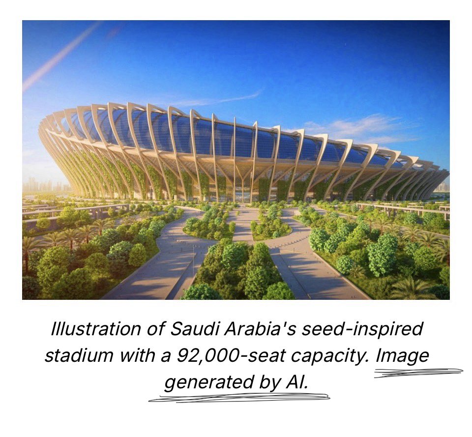 تنويه — 🔔| 

صحيفه فرنسيه قامت بنشر خبر مظلل عن ملعب جديد في السعوديه بسعة 92,000 متفرج وكثير من وسائل الاعلام نشرت الخبر !

الملعب هو نفسه ملعب الملك سلمان والصوره مصممه بالذكاء الاصطناعي لا اكثر . 

اتمنى من وسائل الاعلام اللتي تعتبر نفسها رسميه عدم نشر شائعه مثل هذه مره اخرى