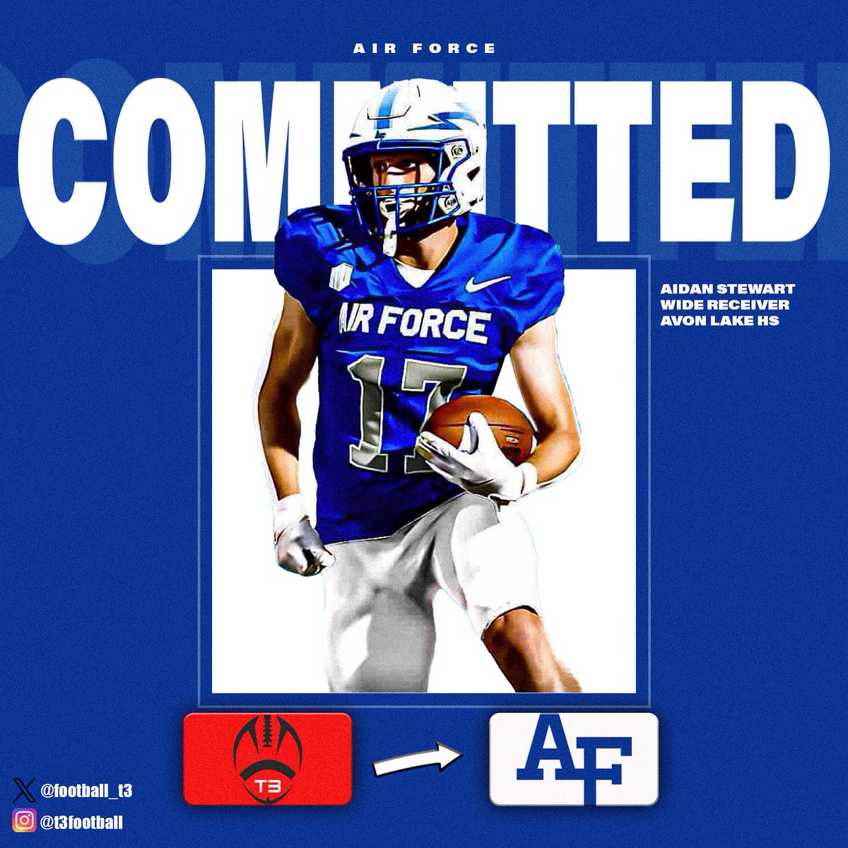T3 Football (@football_t3) on Twitter photo T3 Football Athlete🏈 #CommitmentAlert 🚨
◾️ Class of 2026 Aidan Stewart <a href="/aidan_stewart01/">Aidan Stewart</a>
◾️ WR from Avon Lake High School
◾️ Committed to Air Force <a href="/AF_Football/">Air Force Football</a>
Congratulations Aidan! We are looking forward to seeing you play at the next level! T3 Football Athlete🏈 #CommitmentAlert 🚨
◾️ Class of 2026 Aidan Stewart <a href="/aidan_stewart01/">Aidan Stewart</a>
◾️ WR from Avon Lake High School
◾️ Committed to Air Force <a href="/AF_Football/">Air Force Football</a>
Congratulations Aidan! We are looking forward to seeing you play at the next level!