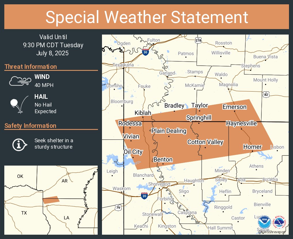 A special weather statement has been issued for Springhill LA, Vivian LA and  Homer LA until 9:30 PM CDT