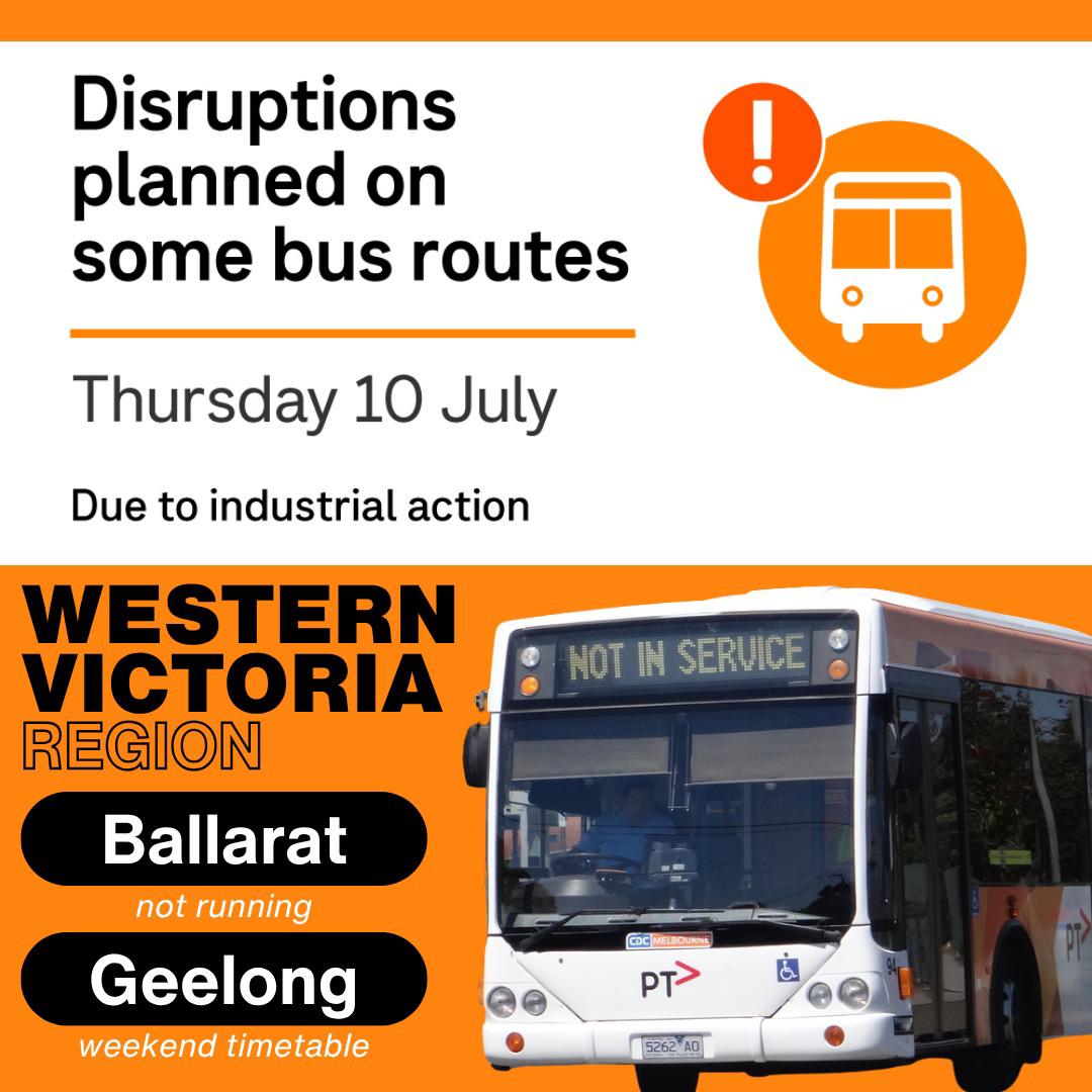 BevMcArthurMP's tweet image. 🚨🚌IN CASE YOU MISSED IT…..
On July 10, due to ongoing industrial action, no buses will run in Ballarat and buses in Geelong will run on a weekend timetable.