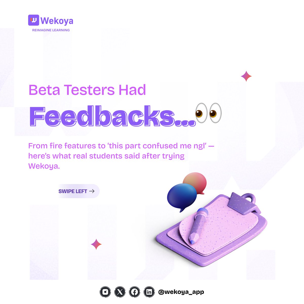 Wekoya_App's tweet photo. ✨ “Never Thought....”
Students got hands-on with Wekoya at our beta launch and the feedback says it all.
Swipe through to hear what they loved and how Wekoya is changing the way students learn.
#BuiltForStudents https://t.co/CGx9QC26LX