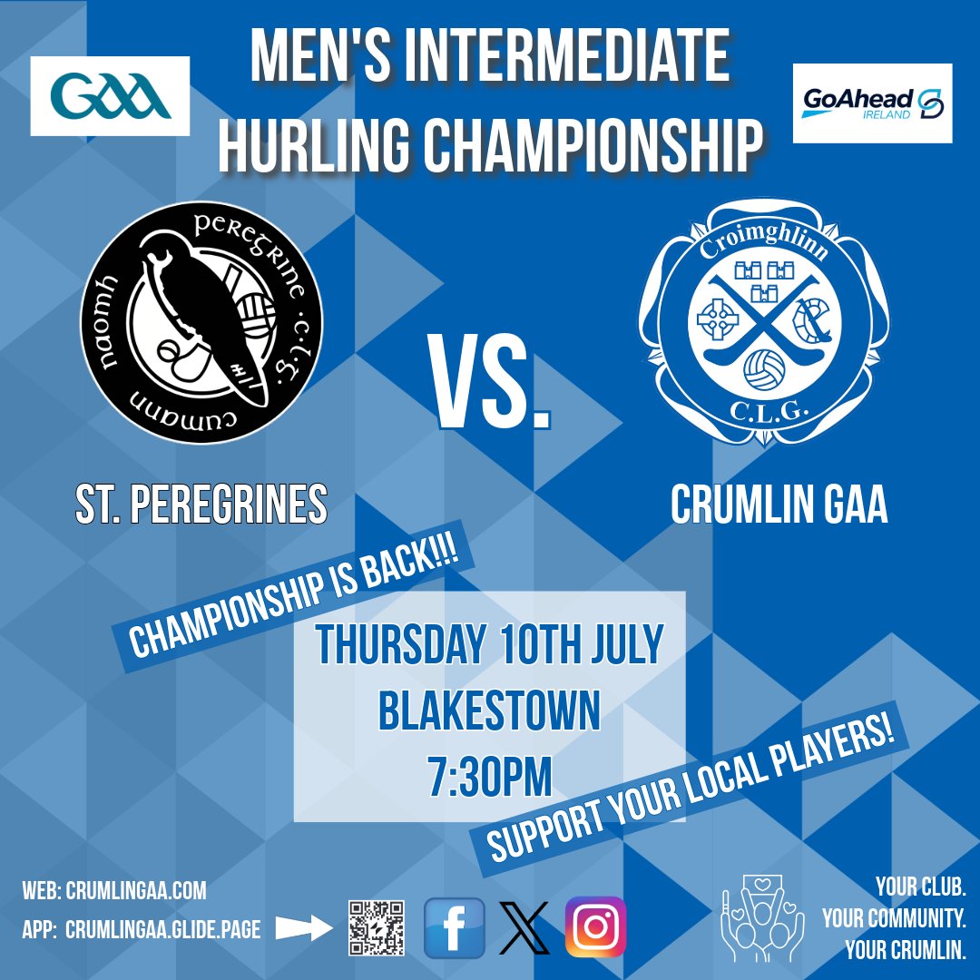 Men's Hurling Championship is back!

After winning the County Junior Title last season, the mens hurlers are finally back in Championship action tomorrow evening. 

Match: 7:30pm vs. St. Peregrines in Blakestown

Club app: crumlingaa.glide.page

#crumlingaa #crumlin #gaa