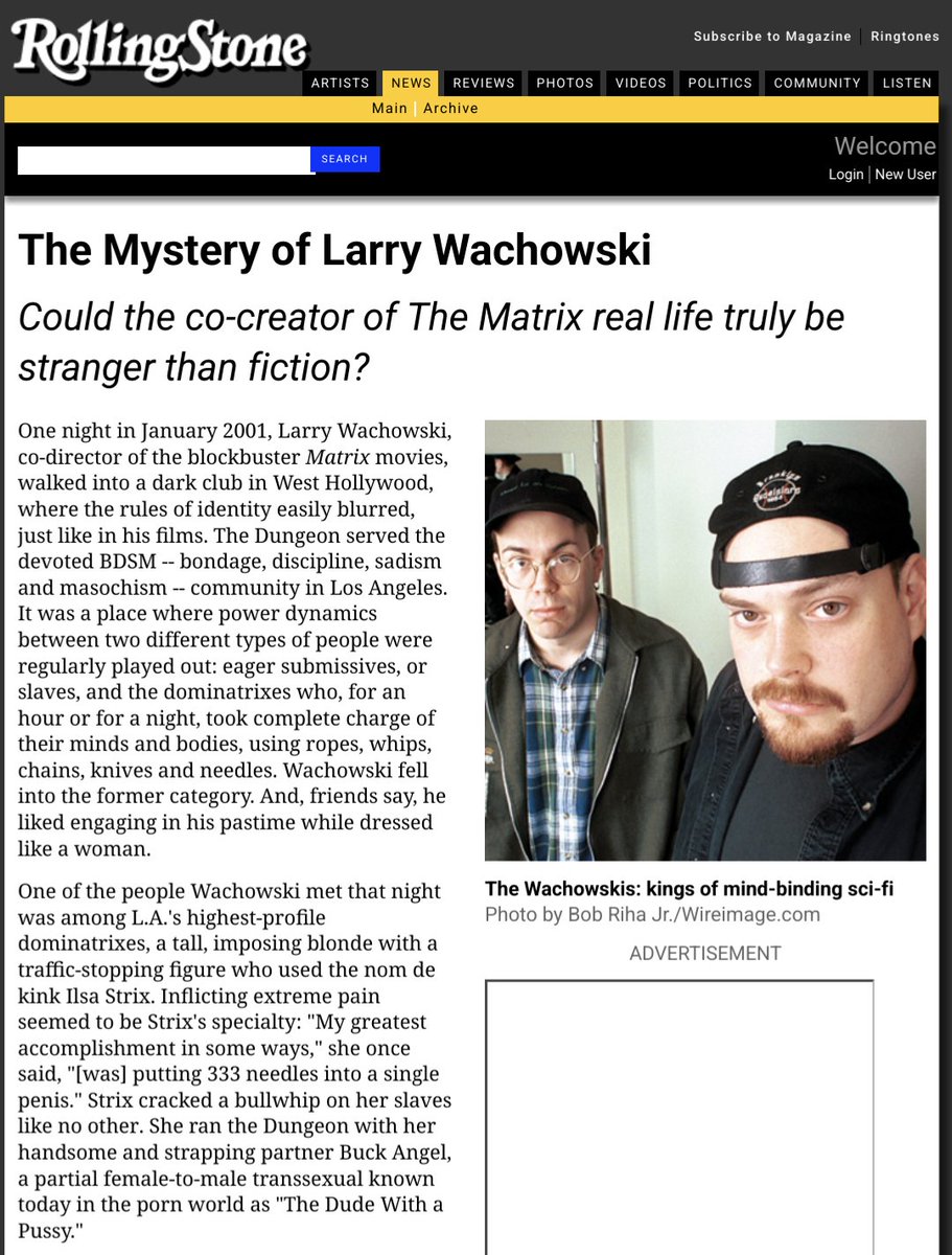 Genevieve Gluck (@womenreadwomen) on Twitter photo <a href="/Slatzism/">pagliacci the hated 🌝</a> Dominatrix Karin Winslow, aka Ilsa Strix, ran the Dungeon where the Wachowski brothers went for sexual sessions with trans porn star Buck Angel - who she would later leave to marry Larry Wachowski after he "transed" to Lana.
👇🔗
archive.is/Y1xcB
x.com/WomenReadWomen… <a href="/Slatzism/">pagliacci the hated 🌝</a> Dominatrix Karin Winslow, aka Ilsa Strix, ran the Dungeon where the Wachowski brothers went for sexual sessions with trans porn star Buck Angel - who she would later leave to marry Larry Wachowski after he "transed" to Lana.
👇🔗
archive.is/Y1xcB
x.com/WomenReadWomen…
