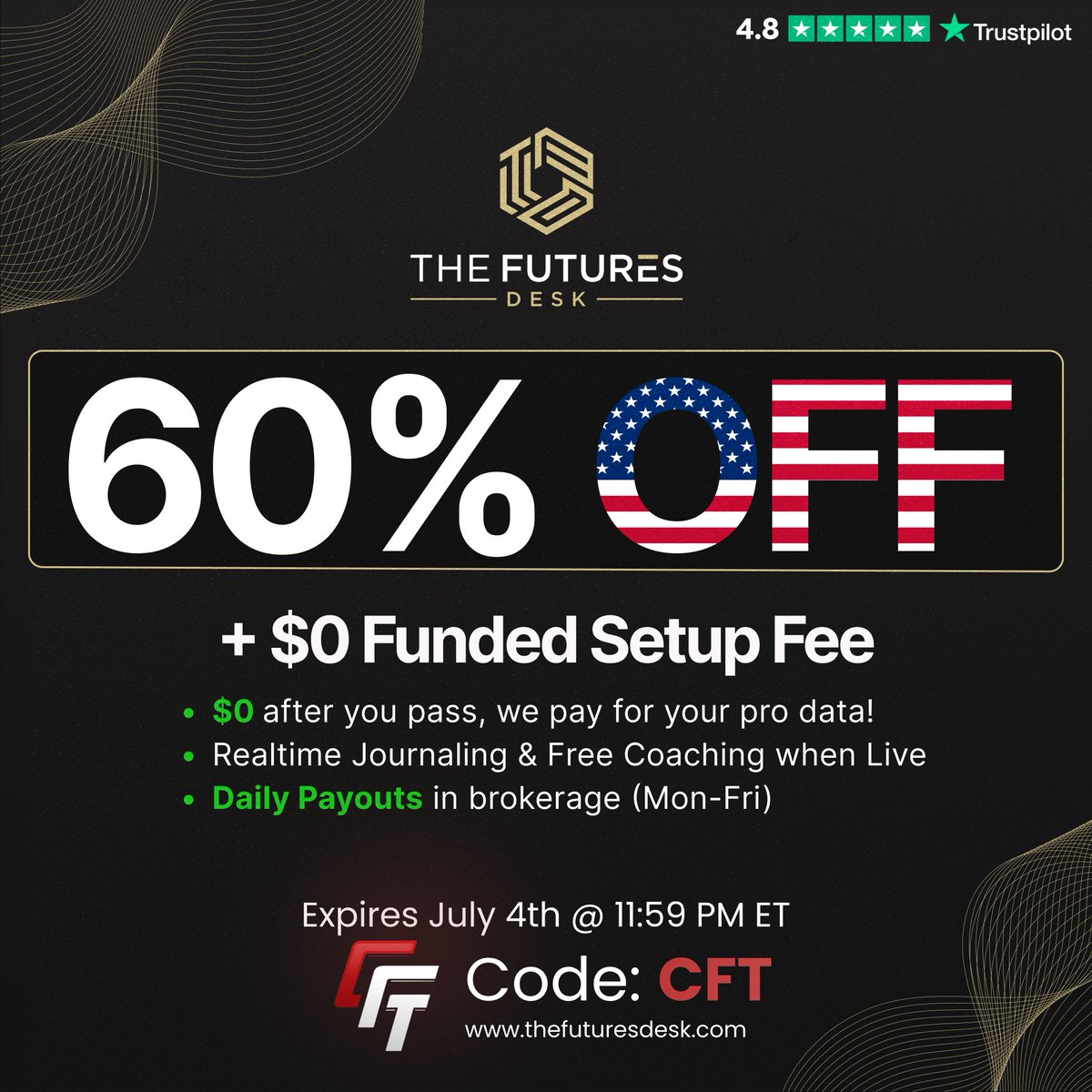 1cdnftrstdr's tweet photo. The Futures Desk New Promo! 60% off, the largest yet.  No activation, treasuries allowed, build your own plan. Many other benefits -  https://t.co/AYQhPujmx4 code: CFT https://t.co/PRnEytlcRx