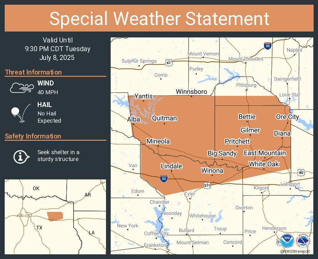 A special weather statement has been issued for White Oak TX, Gladewater TX and  Gilmer TX until 9:30 PM CDT