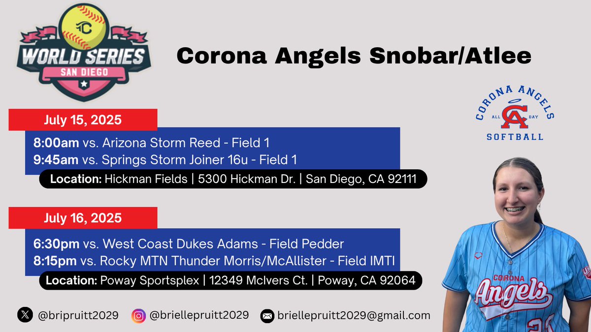 Brielle Pruitt 2029 (@bripruitt2029) on Twitter photo Excited for the Triple Crown World Series in San Diego July 14-19! Looking forward to competing with my team.
<a href="/CASnobarAtlee28/">Corona Angels Snobar / Atlee 2028</a> <a href="/tarynatlee_/">Taryn Atlee π΅π</a> <a href="/ExtraInningSB/">EXTRA INNING SOFTBALL</a> <a href="/SoftballHome/">Softball Home</a> <a href="/CoastRecruits/">Coast 2 Coast Recruits</a> <a href="/CoastRecruitsSB/">Coast Recruits π₯</a> <a href="/gatorjack72/">Girls In The Game</a>
<a href="/SoftballCMU/">CMU Softball</a> <a href="/MinesSoftball/">Mines Softball</a> <a href="/GCarbonatto/">Gina Carbonatto</a> <a href="/coach_trotman/">Coach Trotman</a> Excited for the Triple Crown World Series in San Diego July 14-19! Looking forward to competing with my team.
<a href="/CASnobarAtlee28/">Corona Angels Snobar / Atlee 2028</a> <a href="/tarynatlee_/">Taryn Atlee π΅π</a> <a href="/ExtraInningSB/">EXTRA INNING SOFTBALL</a> <a href="/SoftballHome/">Softball Home</a> <a href="/CoastRecruits/">Coast 2 Coast Recruits</a> <a href="/CoastRecruitsSB/">Coast Recruits π₯</a> <a href="/gatorjack72/">Girls In The Game</a>
<a href="/SoftballCMU/">CMU Softball</a> <a href="/MinesSoftball/">Mines Softball</a> <a href="/GCarbonatto/">Gina Carbonatto</a> <a href="/coach_trotman/">Coach Trotman</a>