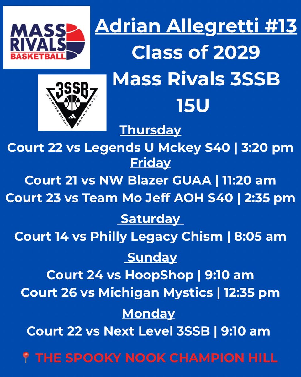 Adrian Allegretti (@adrianalleg29) on Twitter photo Here is my schedule for The Select Super Showcase in Hamilton, Ohio! Can’t wait to compete with my teammates! ❤️💙
<a href="/LadyRivals/">Lady Rivals</a> <a href="/IAMCoachU1/">Ushearnda Rae</a> <a href="/CoachNat_/">Natalie Wilson</a> <a href="/shapingchampion/">Ayo Hart</a> Here is my schedule for The Select Super Showcase in Hamilton, Ohio! Can’t wait to compete with my teammates! ❤️💙
<a href="/LadyRivals/">Lady Rivals</a> <a href="/IAMCoachU1/">Ushearnda Rae</a> <a href="/CoachNat_/">Natalie Wilson</a> <a href="/shapingchampion/">Ayo Hart</a>