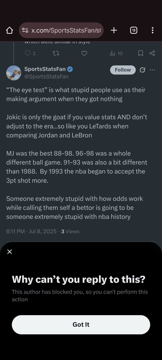Soft MJ fanboy blocked me before I could respond

Symbolic of the 80's and 90's as a whole. Act fake tough then block and cower when they have no rebuttal lol