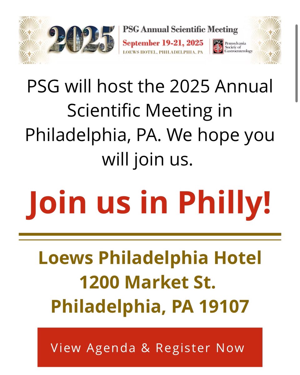 Kristle Lee Lynch, MD | Gastroenterology @ UPenn | (@kristlelynchmd) on Twitter photo <a href="/PaGastroSoc/">Pennsylvania Society of Gastroenterology (PSG)</a> Annual Meeting comes to Philadelphia this year!
Join an all ⭐️ line up w/ <a href="/FITWITMD/">Neilanjan Nandi, MD, FACG, AGAF, FCCF, FACP</a> <a href="/AlexLStrauss/">Alexandra Strauss Starling</a> <a href="/blakely_md/">BlakelyMD</a> <a href="/fr_hossain/">Farzana R Hossain MD</a> <a href="/HarshitKharaMD/">Harshit S. Khara, MD, FACG, FASGE</a> & more!
🗓️September 19-21, 2025 <a href="/Loews_Hotels/">Loews Hotels</a> 🏨
Free registration to fellows & trainees 👇👇👇
pasg.org/2025-annual-me… <a href="/PaGastroSoc/">Pennsylvania Society of Gastroenterology (PSG)</a> Annual Meeting comes to Philadelphia this year!
Join an all ⭐️ line up w/ <a href="/FITWITMD/">Neilanjan Nandi, MD, FACG, AGAF, FCCF, FACP</a> <a href="/AlexLStrauss/">Alexandra Strauss Starling</a> <a href="/blakely_md/">BlakelyMD</a> <a href="/fr_hossain/">Farzana R Hossain MD</a> <a href="/HarshitKharaMD/">Harshit S. Khara, MD, FACG, FASGE</a> & more!
🗓️September 19-21, 2025 <a href="/Loews_Hotels/">Loews Hotels</a> 🏨
Free registration to fellows & trainees 👇👇👇
pasg.org/2025-annual-me…