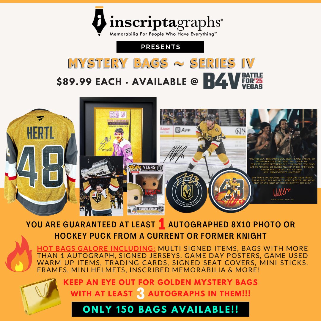 SinBin.vegas (@sinbinvegas) on Twitter photo Mystery Bags are back from <a href="/inscriptagraphs/">Inscriptagraphs Memorabilia</a>!
Only 150 are available with every bag guaranteed at least one autograph. $89.99 per bag.
They are only available at Battle 4 Vegas on Saturday. 3rd base line near the Aviators team store. Mystery Bags are back from <a href="/inscriptagraphs/">Inscriptagraphs Memorabilia</a>!
Only 150 are available with every bag guaranteed at least one autograph. $89.99 per bag.
They are only available at Battle 4 Vegas on Saturday. 3rd base line near the Aviators team store.