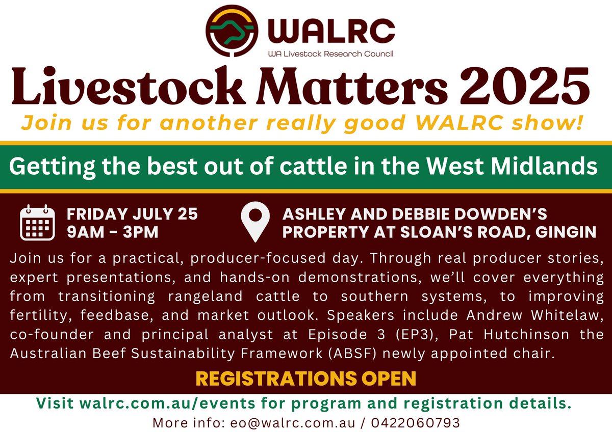 CattleAus's tweet image. 📢WA beef producers get to @WALRC1's Livestock Matters Forum in Gingin July 25. Practical hands-on info on transitioning rangeland cattle to southern systems, improving fertility and the feedbase.👉 Register at nam.dcv.ms/de1Ar2oGej