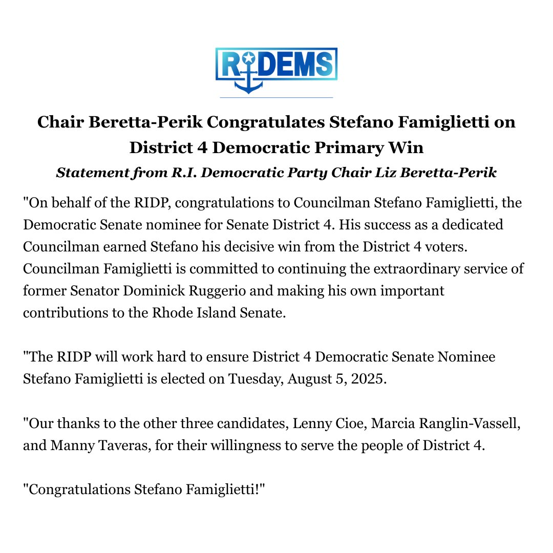 Rhode Island Democratic Party (@ridemparty) on Twitter photo Chairwoman <a href="/BerettaLiz/">Liz Beretta Perik</a> congratulates Councilman Stefano Famiglietti on winning the Democratic nomination in District 4 Special Primary: Chairwoman <a href="/BerettaLiz/">Liz Beretta Perik</a> congratulates Councilman Stefano Famiglietti on winning the Democratic nomination in District 4 Special Primary: