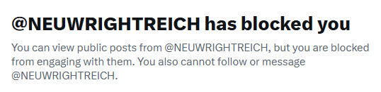 T.H. Huxley (@thhuxley1) on Twitter photo Nazi loser <a href="/NEUWRIGHTREICH/">CHRISTOPHER</a> who's been suspended more times than cheap farmer pants has blocked me.
Oh, what am I to do! Nazi loser <a href="/NEUWRIGHTREICH/">CHRISTOPHER</a> who's been suspended more times than cheap farmer pants has blocked me.
Oh, what am I to do!