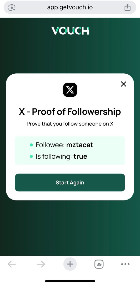 Talked about this previously but time to show you actual proof! I just generated a verified attestation in less than 60 seconds using <a href="/Vouch_io/">Vouch</a>

No need for screenshots or manual verification anymore. Just tap → prove → done.

Simply put, vouch lets you prove various facts