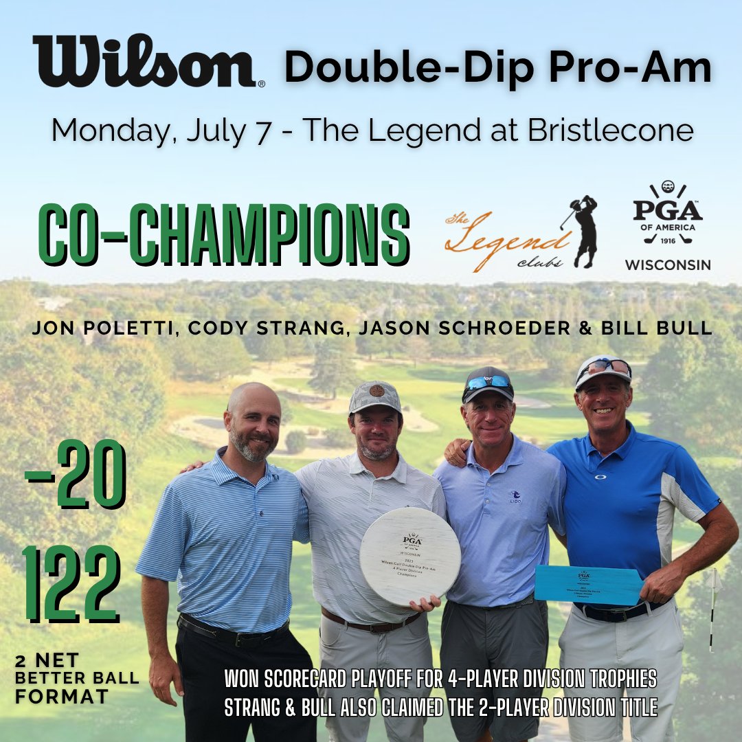 Wisconsin PGA (@wisconsinpga) on Twitter photo It was another battle until the end to see who could secure Monday's Pro-Am title. The always popular Double Dip Pro-Am was back with the support of <a href="/WilsonGolf/">Wilson Golf</a>.
In addition to the two net better ball four-player contest, every pro would be paired up with each amateur in their It was another battle until the end to see who could secure Monday's Pro-Am title. The always popular Double Dip Pro-Am was back with the support of <a href="/WilsonGolf/">Wilson Golf</a>.
In addition to the two net better ball four-player contest, every pro would be paired up with each amateur in their