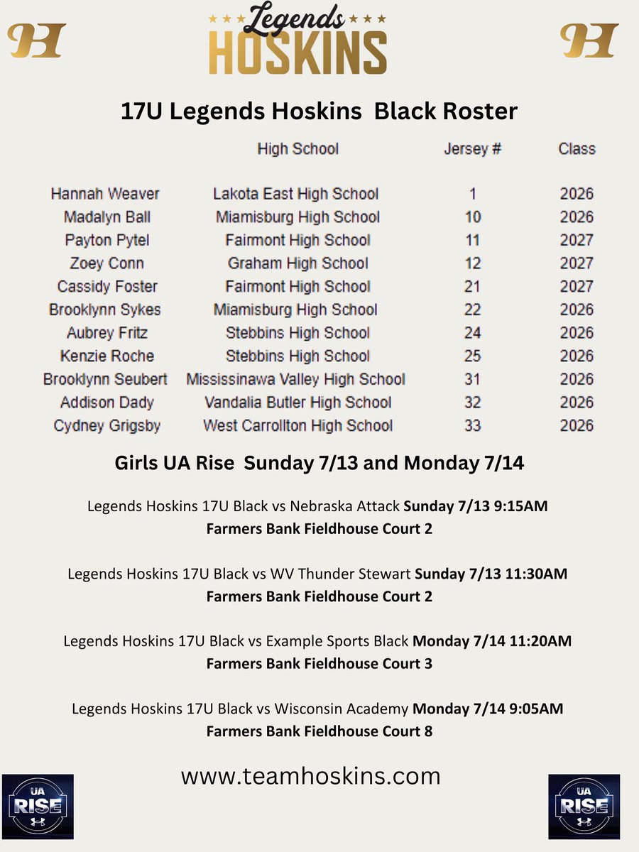 Legends Hoskins 17U Black will be back in action at UA Rise stop 2.

Deep and loaded team.