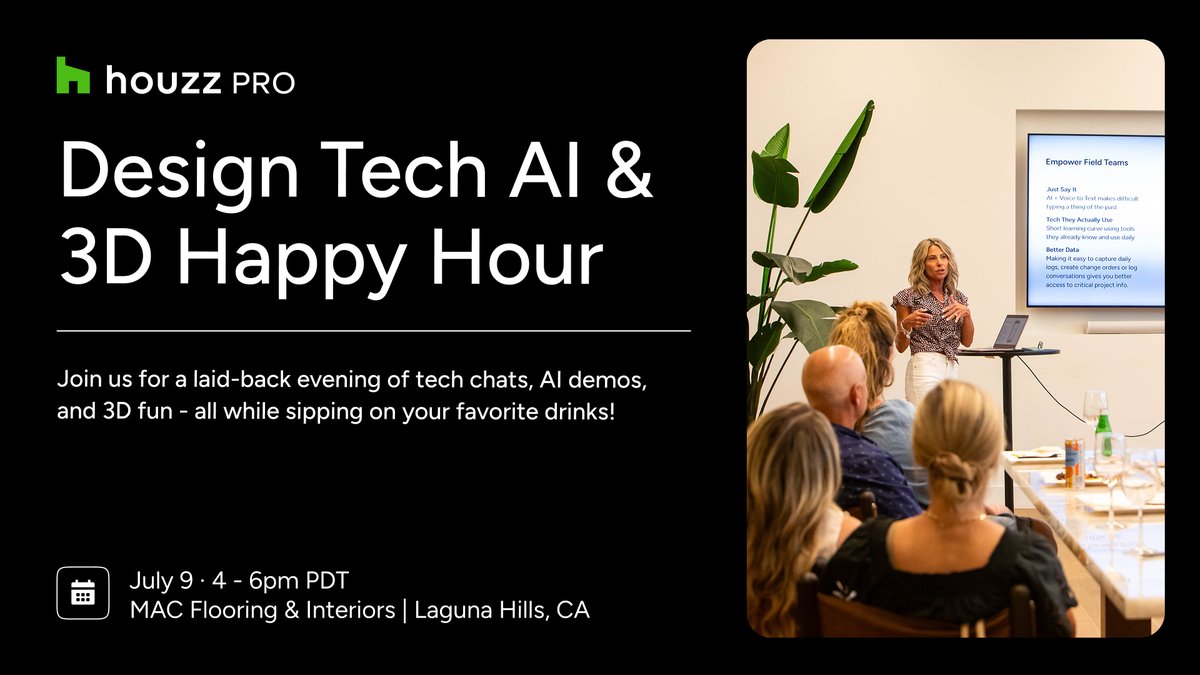 🍸 You're invited: Design Tech Happy Hour with Houzz Pro!
🗓️ July 9 | 4–6pm PDT

AI, 3D &amp; expert insights + drinks &amp; bites. Learn how to level up your design game with next-gen tech.

RSVP → bit.ly/460tOFw 

#HouzzPro #DesignTech #AIinDesign #3DTools #RemodelingPros