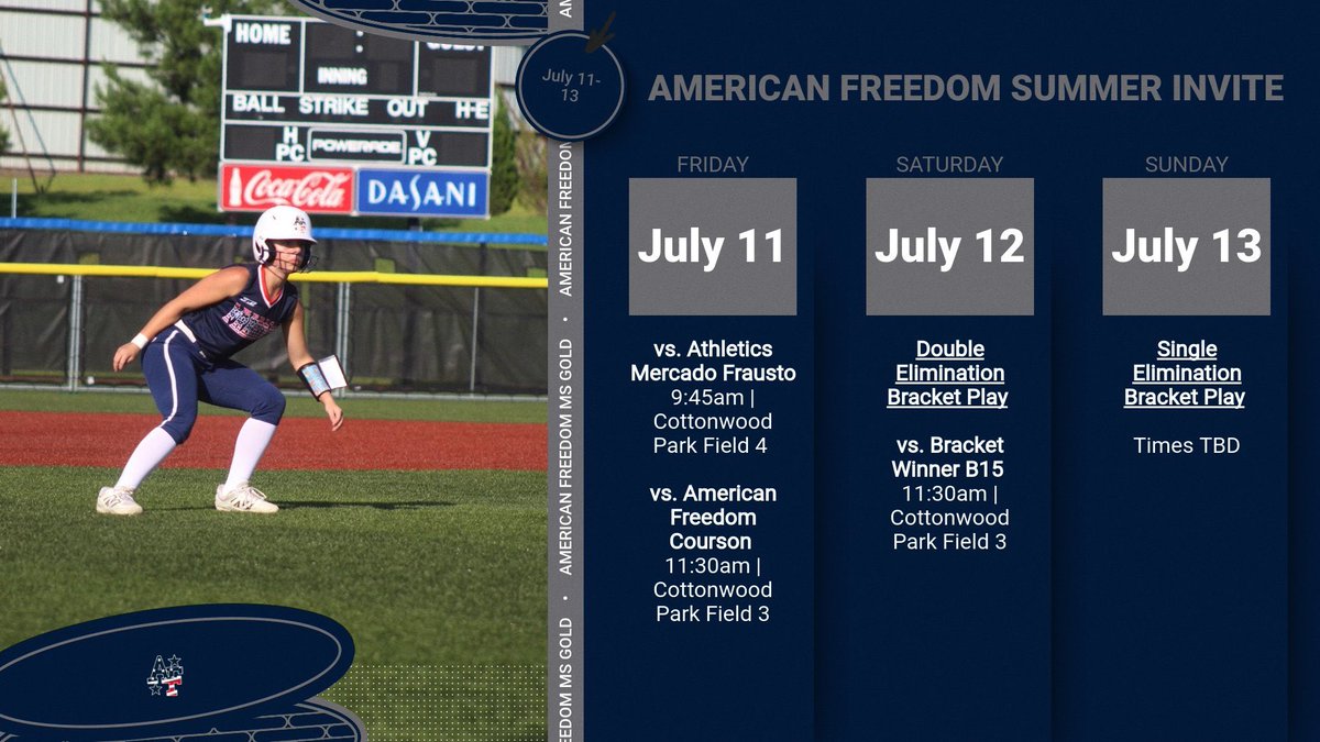 After a week off, we are excited to be headed to the Dallas/Ft. Worth area for the American Freedom Summer Invite.  Games begin Friday morning at Cottonwood Park in Little Elm, TX.  See our complete schedule below, we hope to see you there! 
#StrongAF